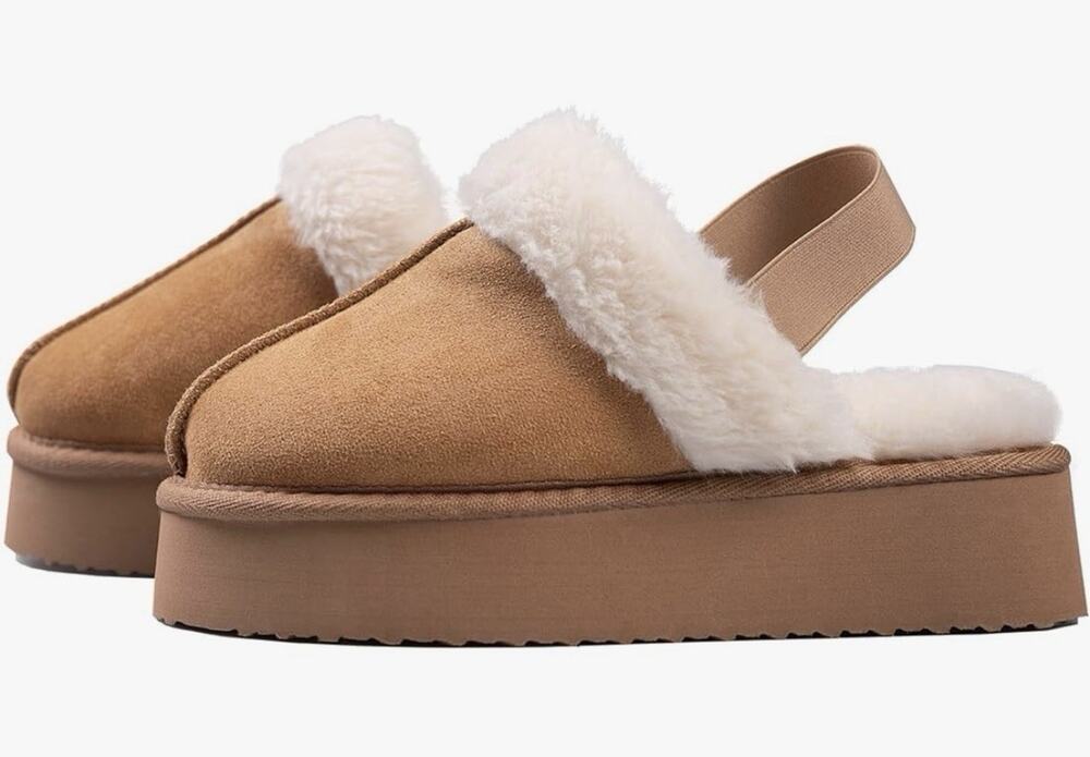 Women's Platform Slippers, Suede Fuzzy Slippers with Strap Chestnut Size 9